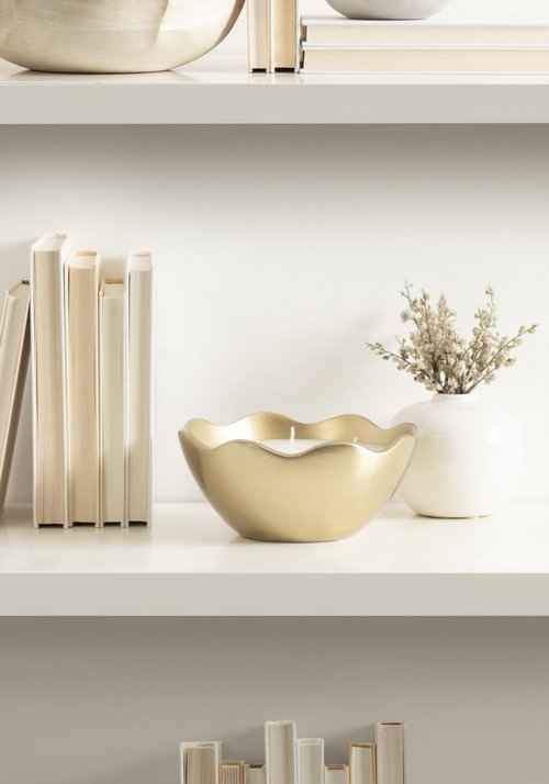 Kate and Laurel Alessia Scalloped Round Metal Candle Bowl, 8 Inch Diameter, Gold, Modern Three-Wick Unscented Candle with Decorative Bowl for Living Room Decor