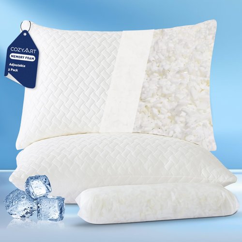 COZYART Shredded Memory Foam Pillows Queen Size 1 Pack, Cooling Breathable Pillowcase, Adjustable Firm Bed Pillows for Side Back Stomach Sleepers