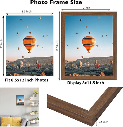 JCJMY 8.5x12 Picture Frame - Brown Wall Hanging & Tabletop Display | Shatter-Resistant Plexiglass