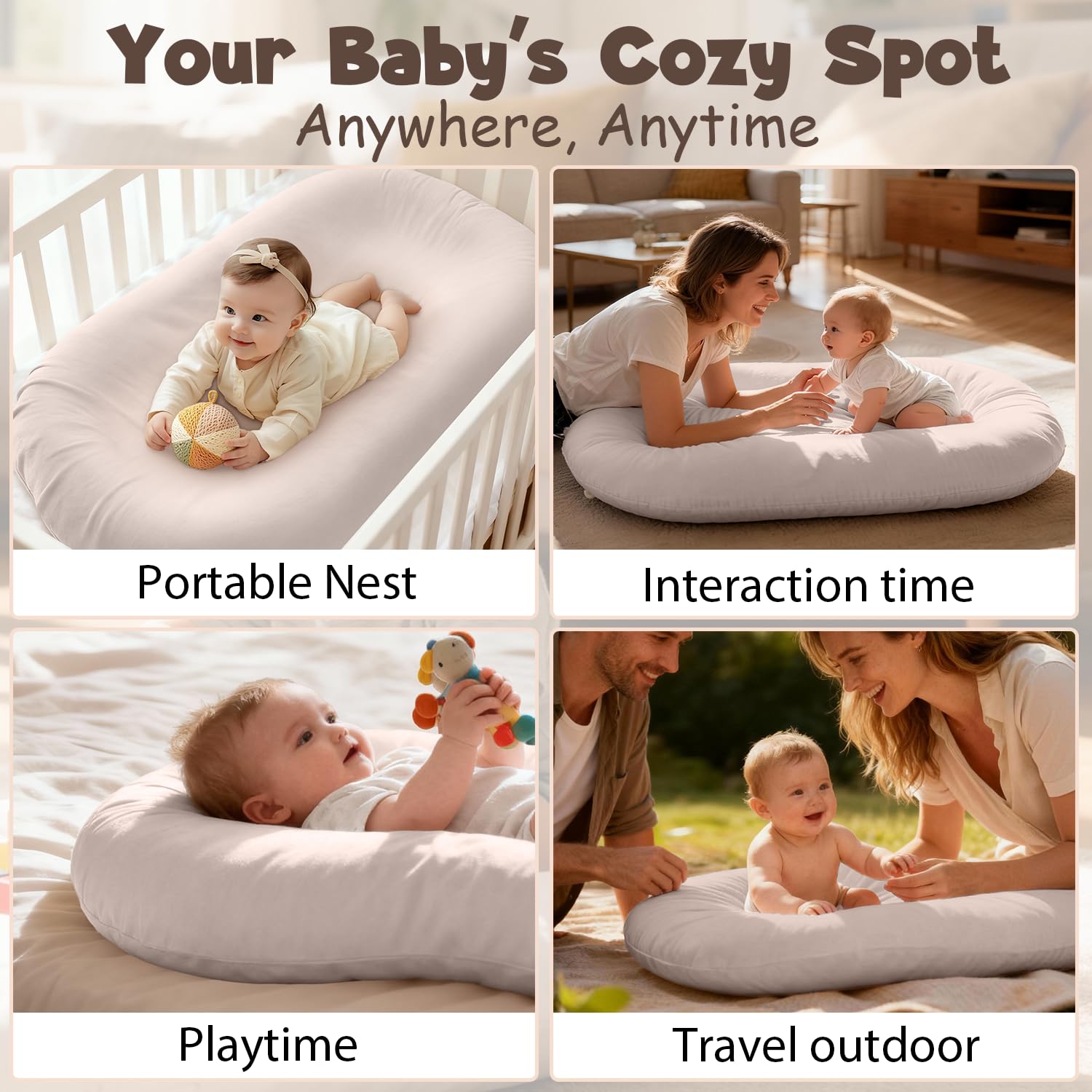 Skiennix Extra Large Baby Lounger - Pure Cotton Infant Nest with Thick Support & Removable Cover | Portable for Daily Care & Gifts