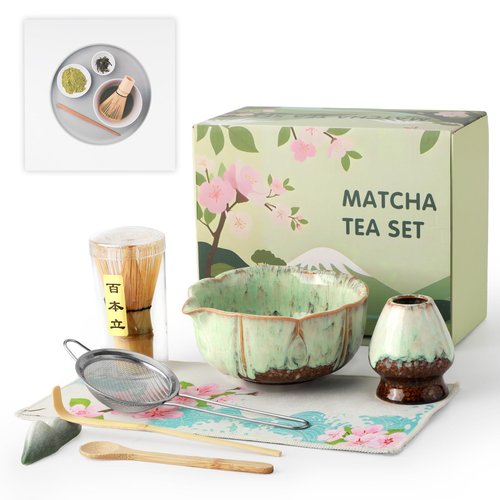 VENSEEN Matcha Whisk Set, 8 Pcs Matcha Kit with Bowl and Whisk Holder, Ceramic Japanese Complete Macha Starter Kit for Beginners, Gift for Macha Lovers (Green)