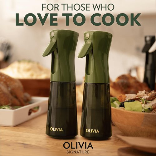 FLAIROSOL OLIVIA Oil Sprayer for Cooking, 2 Pack Green Glass Olive Oil Sprayer, 200ML Oil Dispenser for Kitchen, Continuous Oil Spray Bottle with Portion Control for Air Fryer, Salad, BBQ