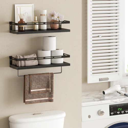 YGEOMER Floating Shelves for Bathroom Organizer Over Toilet, Wall Mounted Bathroom Shelves with Towel Bar, Wall Shelf for Bedroom Kitchen Living Room Storage (Black-Black)