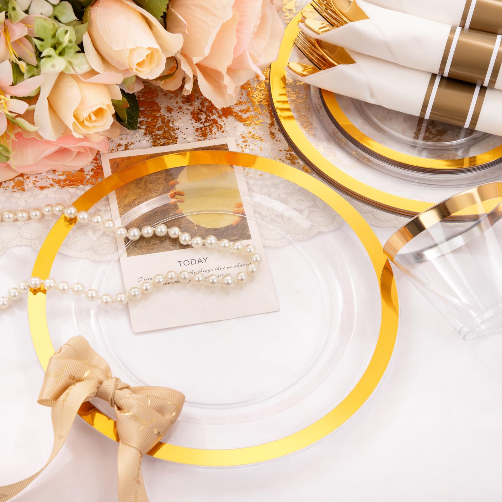 Liacere 350PCS Clear Gold Plastic Plates for 50 Guests Dinnerware Include 100 disposable Plates 150 Gold Silverware 50Napkins for Party & Wedding