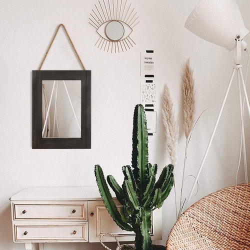 DECORKEY Rectangle Wall Mirror for Bathroom, Distressed White Wood Decor with Hanging Rope for Rustic Home Decor, Vanity, Living Room 12"×16"（Black）