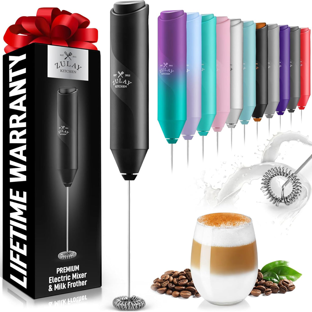 Zulay Milk Frother Wand - Mini Handheld Stainless Steel Mixer for Coffee & Lattes - Black