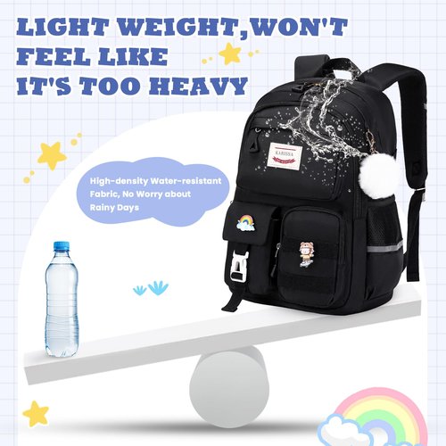 MUSEVOS Girls Backpack for Kids Teenage Elementary Middle High School Backpacks, Lightweight Water Resistant Bookbag Multiple Compartments large Capacity, Black