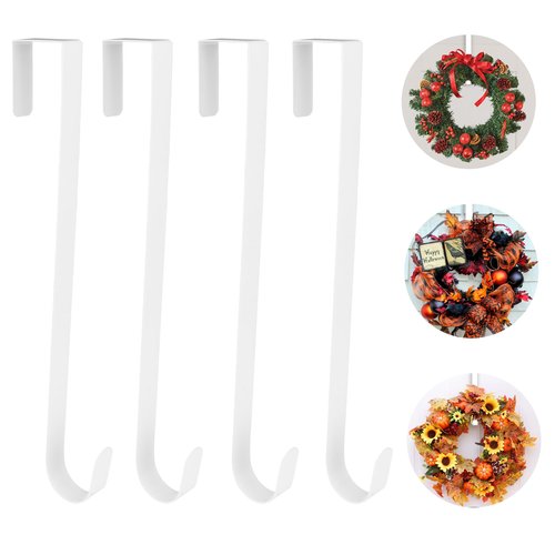 4 Pack Wreath Door Hanger, 15 Inch Wreath Hangers for Front Door White Over the Door Hooks Holder Metal Wreath Hook Back Door Garland Hanger for Halloween Thanksgiving Fall Christmas Wreath Decor