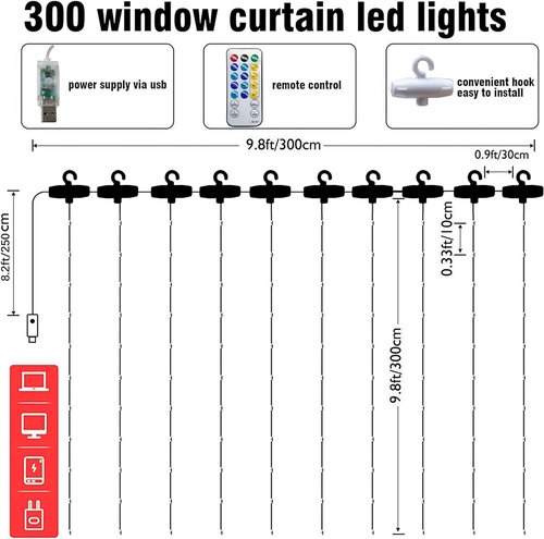 Dazzle Bright Curtain String Lights - 300 LED Warm White Fairy Lights | 9.8ft x 9.8ft, Waterproof, 8 Modes