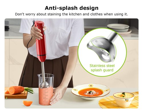 Bonsenkitchen Hand Blender, Immersion Blender with 2 Mixing Speed, Portable Electric Handheld Stick Mixer with Stainless Steel Blades for Soup, Smoothie, Puree, Baby Food, Red