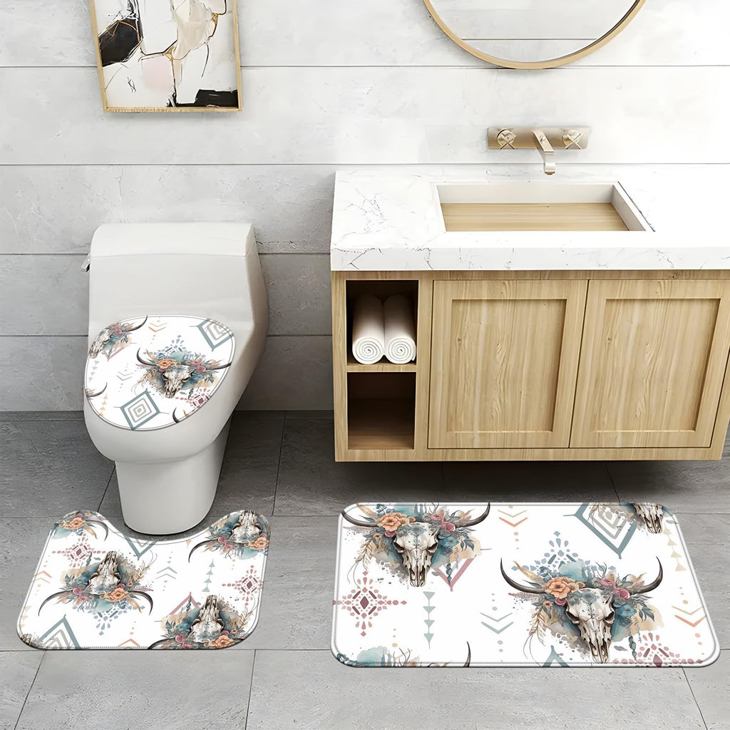 Ticuenicoa Western Cow Skull Shower Curtain Set, 4 Pcs 72x72 Inch Bathroom Decor with Bath Mat, U-Shape Rug, Toilet Lid Cover & 12 Rustic Hooks, Waterproof Anti-Slip Design
