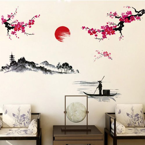 Large Japanese Wall Decor Stickers, BWCXXZH Red Cherry Blossom Tree Wall Murals Mountain River Fisherman Peel and Stick 3D Art Stickers for Girls Bedroom Nursery Living Room TV Home Decor