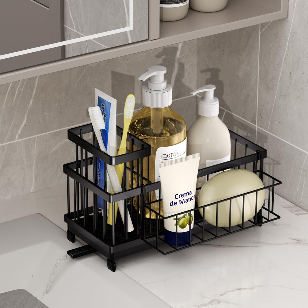 SWTYMIKI Sink Caddy Sponge Holder - Large Sponge Holder for Kitchen Sink with 360°Auto-Drain Tray, Rustproof Stainless Steel Kitchen Organizer Caddy for Countertop Organization