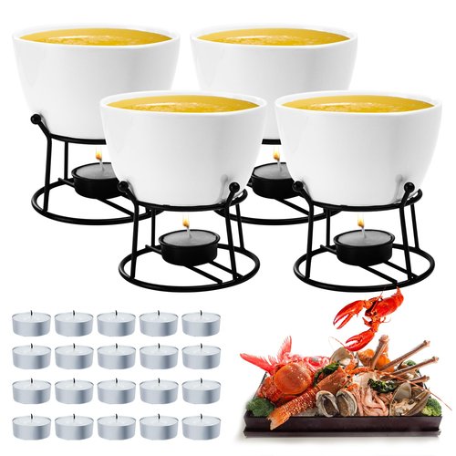 Luvan 4Pcs 14.2oz Butter Warmers for Seafood, Butter Melter with Stands and 20Pcs Tealight Candles,Ceramic Butter Warmer Set for Lobster, Personal Fondue Set Melted Butter Cups for Seafood, Fondue