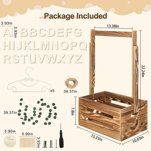 TAEYONK Wooden Baby Shower Crate Closet, Baby Shower Basket with 33.5" High Hanger Rack and Swing, DIY Baby Welcome Box with Handle, Easy Assembly Storage Crate for Pregnancy New Parent（Brown）