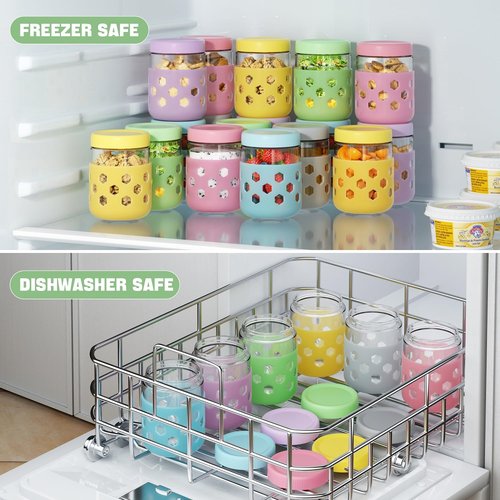 4 Pack Overnight Oats Containers with Lids - Thickened Glass 16 oz Mason Jars with Silicone Sleeves, Wide Mouth Airtight Leak-Proof Chia Seed Pudding Meal Prep Jars for Yogurt Parfait Snacks
