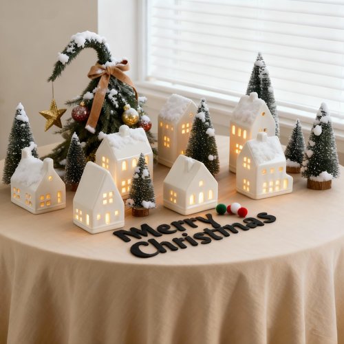 Mokof Christmas Village Set - 7 White Ceramic Houses with Remote LED Tea Lights and 8 Mini Trees, Farmhouse Christmas Decorations Indoor for Fireplace, Mantel, Tabletop, Shelves Winter Holiday Decor