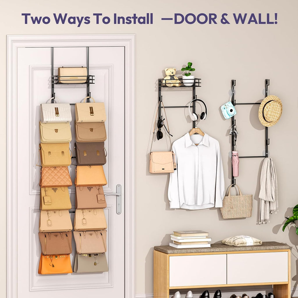 SWTYMIKI Over The Door Purse Organizer - Wall Mounted Handbag Storage Rack with 16 Hooks & Metal Basket