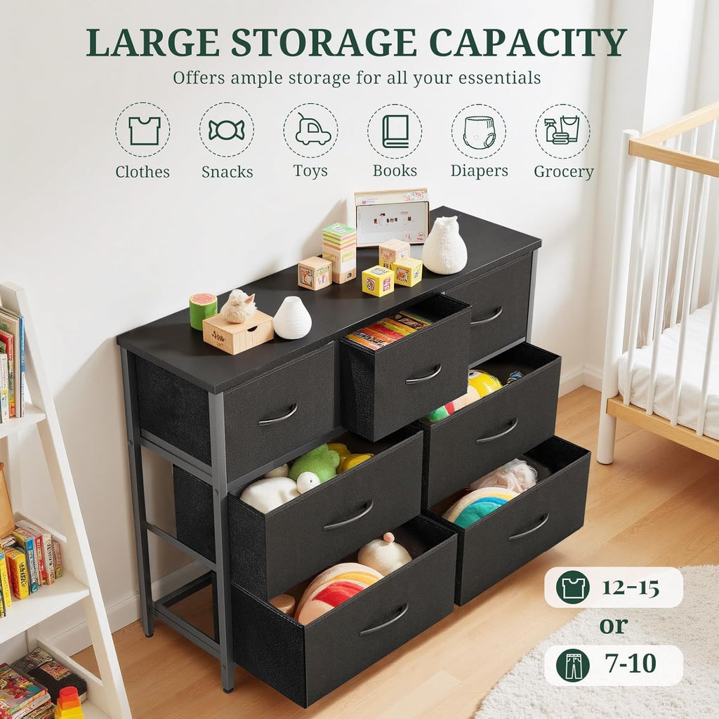 Skiennix 7-Drawer Dresser - Anti-Tip Fabric Storage Organizer with Wooden Top | Black for Bedroom & Living Room