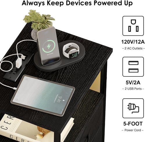 Fixwal Night Stand - LED Nightstand with Charging Station & USB Ports, Modern Black with 2 Fabric Drawers