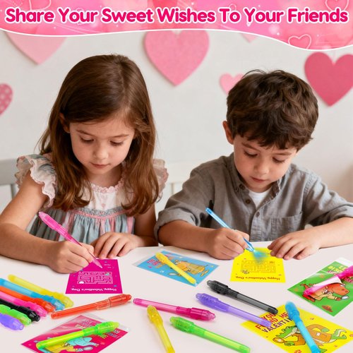 28PCS Spy Pens Valentines Day Gifts for Kids School Magic UV Light Pen Valentine Exchange Cards for Kids Classroom Toddler Boy Girl Valentine’s Class Party Favors Goodie Bag Stuffers Bulk Prizes