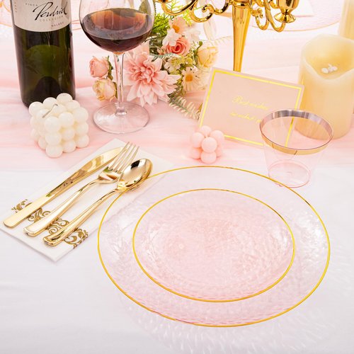 DaYammi 350 Pcs Clear Pink Plastic Plates, Hammered Disposable Dinnerware, Pink Plates Set Include 100 Plastic Platos, 150 Gold Disposable Silverware, 50 Cups And 50 Napkins for Mother's Day Party