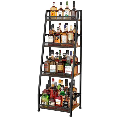 4-Tier Trapezoid Liquor Stand for Home Bar, Stepped Wine Rack Freestanding Floor for Liquor Whiskey Wine, Versatile Corner Wine Bottle Display Stand with Fences, Vintage Brown（Patent Pending）