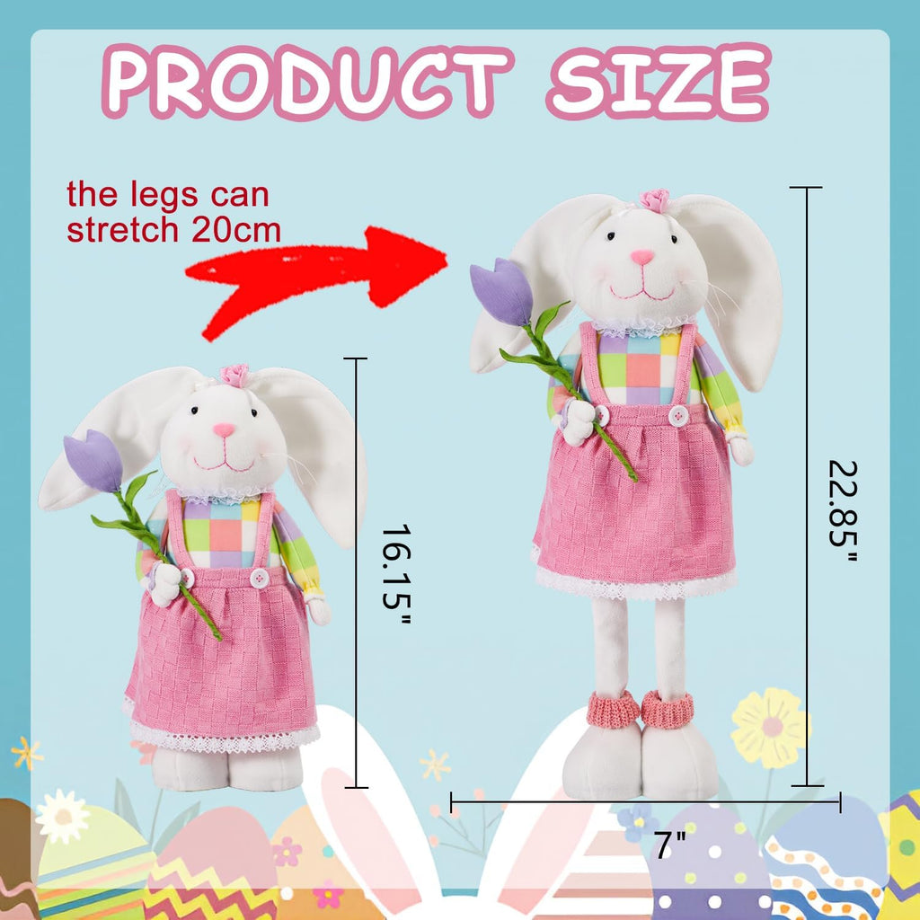 Skiennix Standing Easter Bunny Decor - Plush Gnome Figurine with Stretchable Legs | Cute Pink Spring Decoration for Home & Office