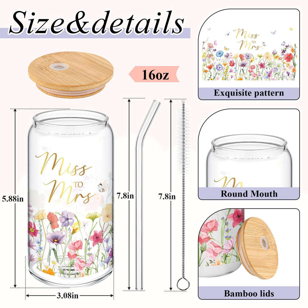 Mumufy Bride to Be Gifts 16oz ‘‘Miss to Mr’’ Bridal Tumbler Glass Cup with Bamboo Lid & Straw, Bridal Shower Engagement, Wedding Day & Bachelorette Party Gift for Future Mrs Wife Bride