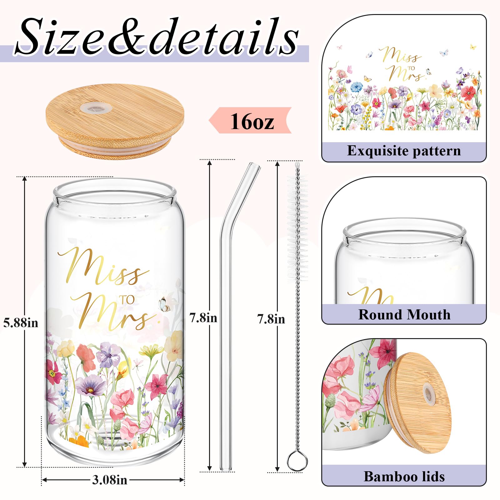 Mumufy Bride to Be Gifts 16oz ‘‘Miss to Mr’’ Bridal Tumbler Glass Cup with Bamboo Lid & Straw, Bridal Shower Engagement, Wedding Day & Bachelorette Party Gift for Future Mrs Wife Bride