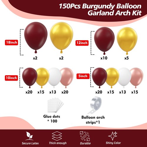 HKYOOD 150Pcs Burgundy Balloon Garland Arch Kit - Birthday Party Decorations with Metallic Rose Gold Maroon White Gold Balloons for Baby Shower Valentines Day Bridal Shower Wedding Prom Decorations