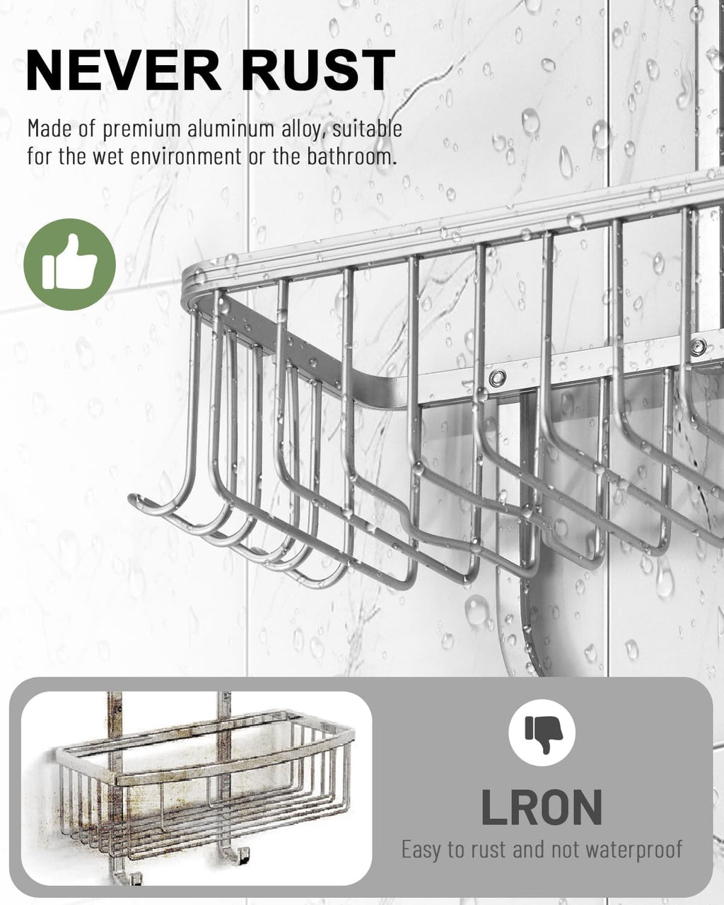 Regine Switzerland Shower Caddy - Rust-Free Aluminum Hanging Organizer with 6 Hooks for Razors & Sponges | Silver