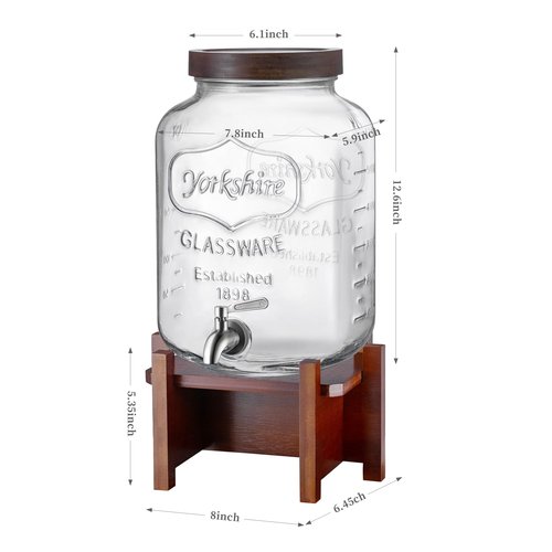 Drink Dispenser with Acacia Wood Stand and Lid,2 Gallon Glass Beverage Dispenser with Stainless Steel Spigot for Parties,Picnics,Barbecues,Lemonade,Sun tea Jar,ice coffee,Laundry Detergent Dispenser