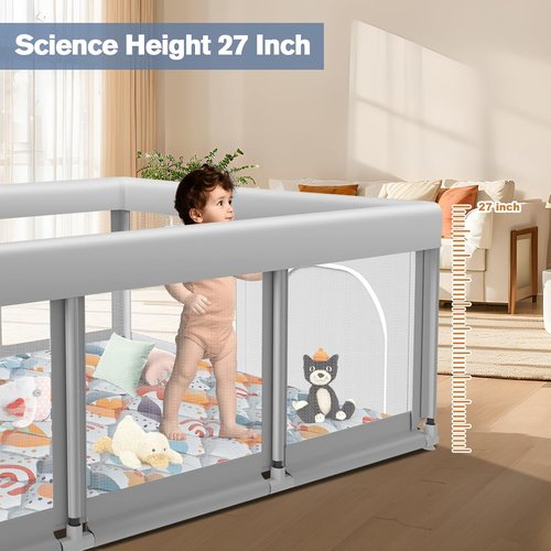 Large Baby Playpen - Sturdy Safety Play Yard with Soft Mesh & Anti-Slip Base | 74" x 50" Mat Included
