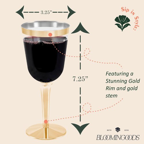 BloominGoods Disposable Wine Glasses With Stem, 10 Oz. Gold Rim Plastic Wine Glasses For Parties, Weddings, Large Clear Wine Cups Plastic, 50 Ct.