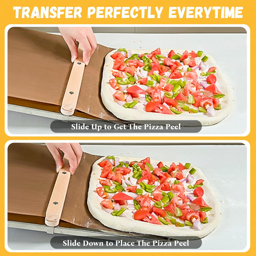 Sliding Pizza Peel, Pizza Slider Paddle with Pizza Cutter Rocker, Non-Stick Pizza Peel Slider with Handle Detachable Transfers pizza shovel, 12" Stainless Steel Sliding Pizza Peels with Baking cloth