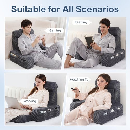 Vekkia Adjustable Reading Pillow & Back Pillow with Backrest – Zoned Multi-Density Foam for Targeted Support, XL Side Pockets – Bed Chair for Reading, Gaming, Relaxing & Post-Surgery Recovery