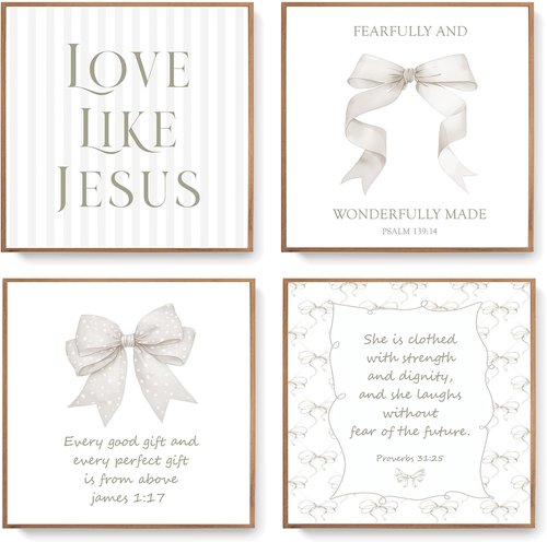 LARTSFRO Coquette Beige Bow Wall Art Decor - Inspirational Christian Posters for Teen Girls | Set of 4, 10x10 Inch (Unframed)