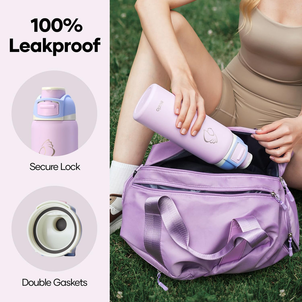 BUZIO 32 oz Insulated Water Bottle - Stainless Steel with Chug Cap, Leakproof Locking Lid, Carry Loop, Wide Mouth, Dishwasher Safe, Gym Sports Travel Work Outdoors, Gifts for Women & Men, Light Purple