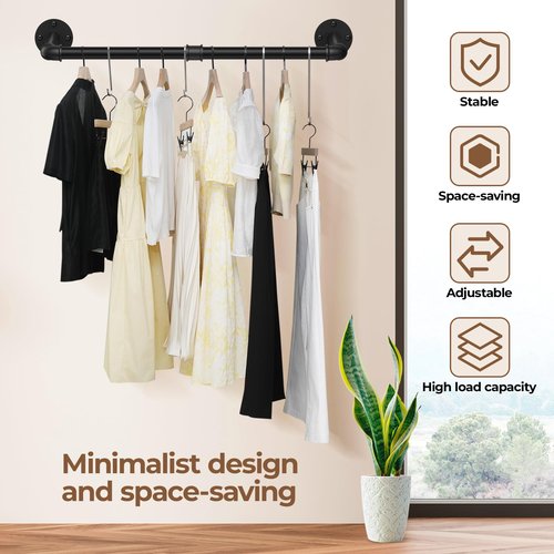 Wall Mounted Clothes Rack 38.4 Inch, 2 Pack Industrial Pipe Clothing Rack, Black Wall Clothing Rack, Multi-Purpose Clothing Hanging Rod for Closet