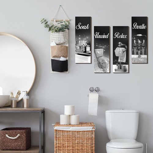 Honoson Bathroom Decor Wall Art - 4 Pcs Farmhouse Signs for Soothing Home Spa | Black & Silver