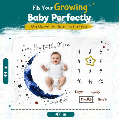 Baby Milestone Blanket, Monthly Baby Blanket for Boys and Girls, Soft Fleece Newborn Photography Prop for First 12 Months, Infant Photo Blanket, Machine Washable, 39 x 47 Inch