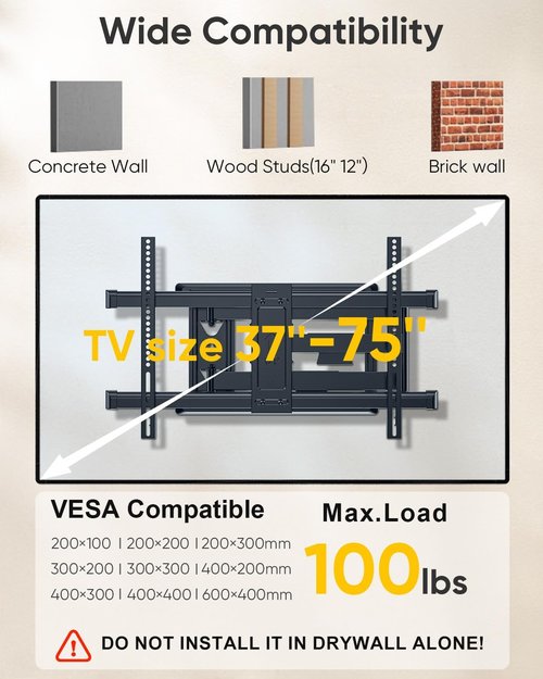 Forging Mount Corner TV Mount - Long Arm Full Motion Wall Mount for 37-75 Inch TVs | Swivel & Tilt, Max VESA 600x400mm