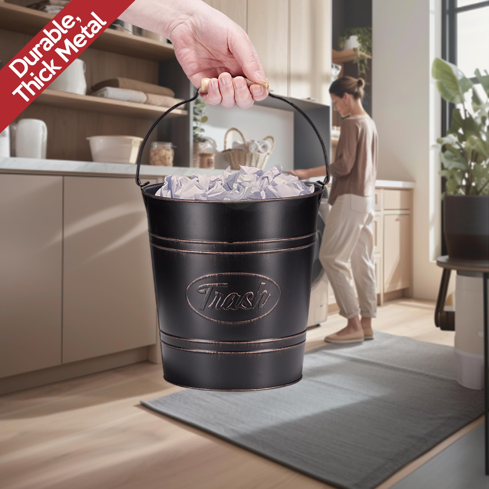 Pack 2, Rustic Farmhouse Bathroom Trash Can, Modern Country Style Galvanized Farm Metal Kitchen Trash Bucket, Large Vintage Waste Basket, Industrial Chic Bucket Garbage Can Bin, Western Garbage Pail