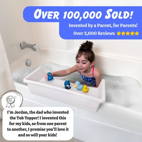 Tub Topper® Mini Bathtub Splash Guard for Kids - Compact Bath Splash Guard & Tub Play Shelf - Easy to Remove, Store & Clean - Patented Lip Design, Non-Silicone, BPA-Free, Made in USA (White)