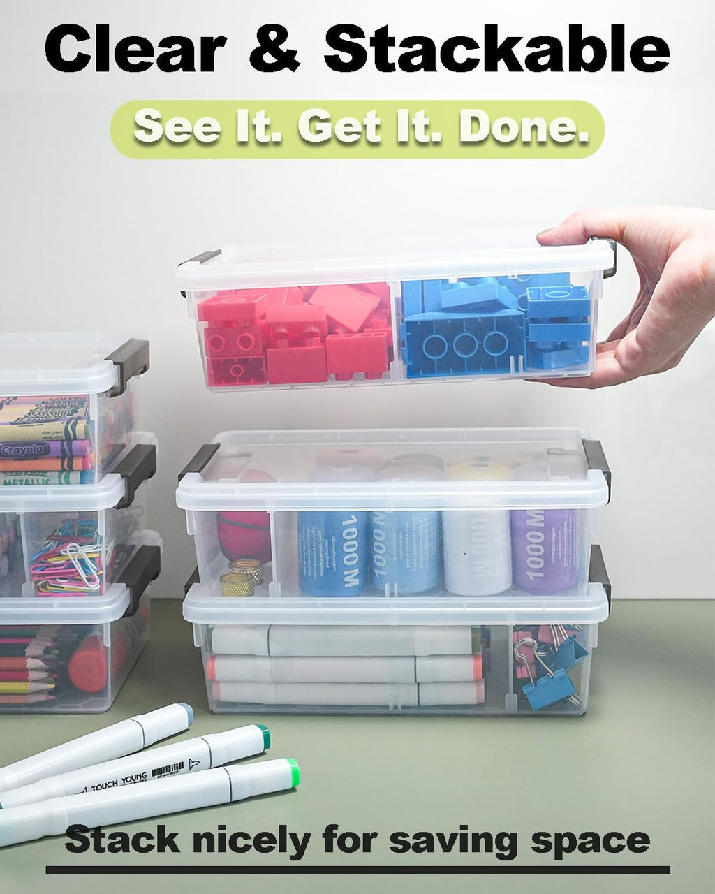 Skiennix Extra Large Pencil Box - Removable Divider & Stackable Design | 12 Pack Clear Organizer (Grey)
