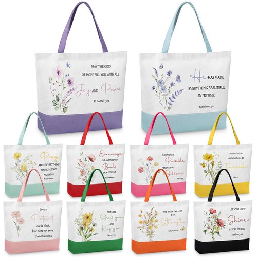 Shinylin 10 Pcs Christian Gift Inspirational Bible Verse Tote Bags Religious Gift Flowers Reusable Grocery Christmas(Single Floral)