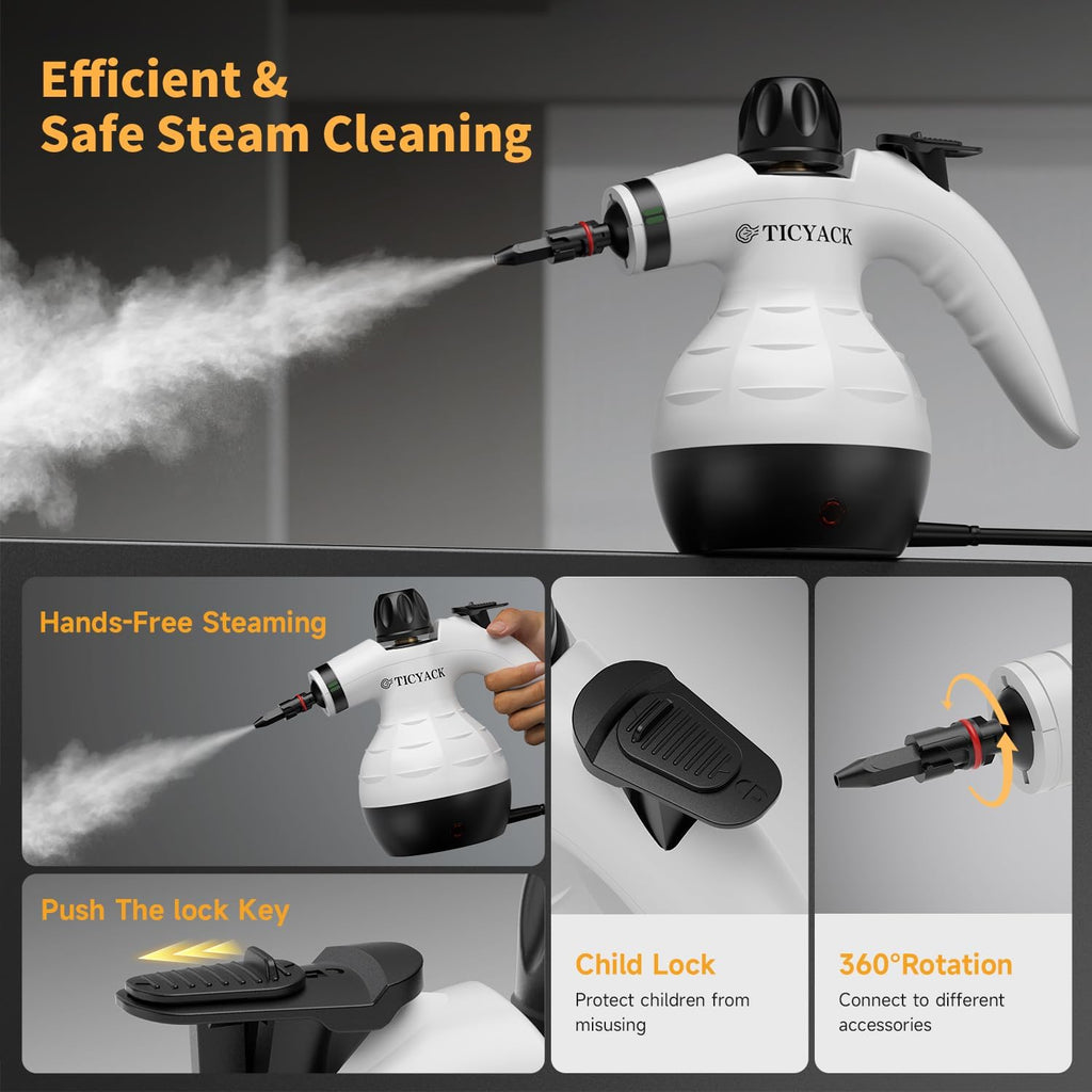 TICYACK Handheld Steam Cleaner - 16 PCS Accessories & Safety Lock for Multi-Surface Deep Cleaning | White/Black