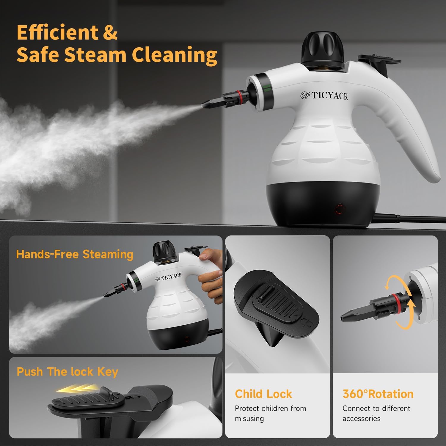 TICYACK Handheld Steam Cleaner - 16 PCS Accessories & Safety Lock for Multi-Surface Deep Cleaning | White/Black