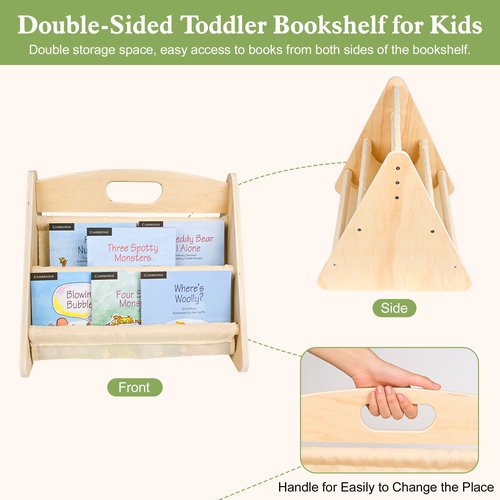 AZSKY Double-Sided Toddler Bookshelf for Kids, Montessori Bookshelf to Display Books, Sling Book Rack Organizer, Playroom Classroom Nursery Book Shelves, Wooden Kid Bookcase for Baby Girl Boy（Beige）